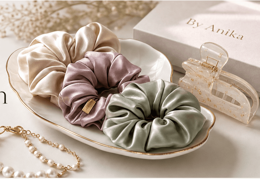 Satin scrunchies, pearl bracelet, resin hair clip, and By Anika gift box