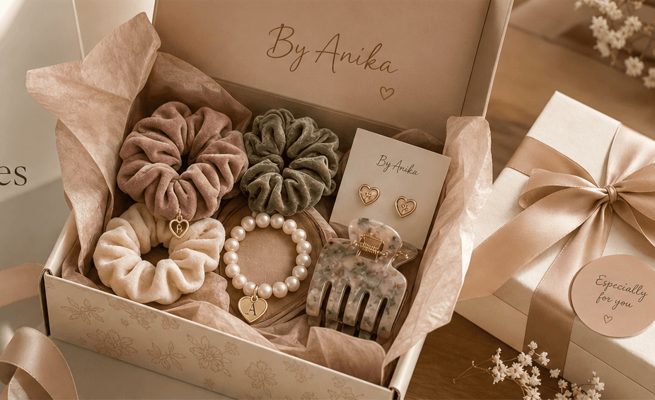 Gift box filled with By Anika scrunchies, pearl bracelet, clips, and custom initials
