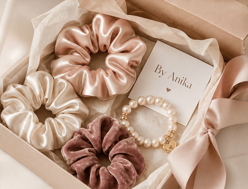 Satin scrunchies and pearl bracelet arranged in By Anika gift packaging
