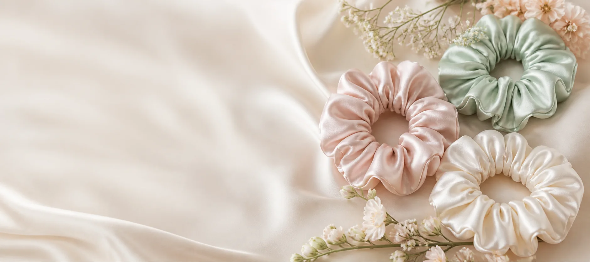 Pastel satin scrunchies arranged on fabric