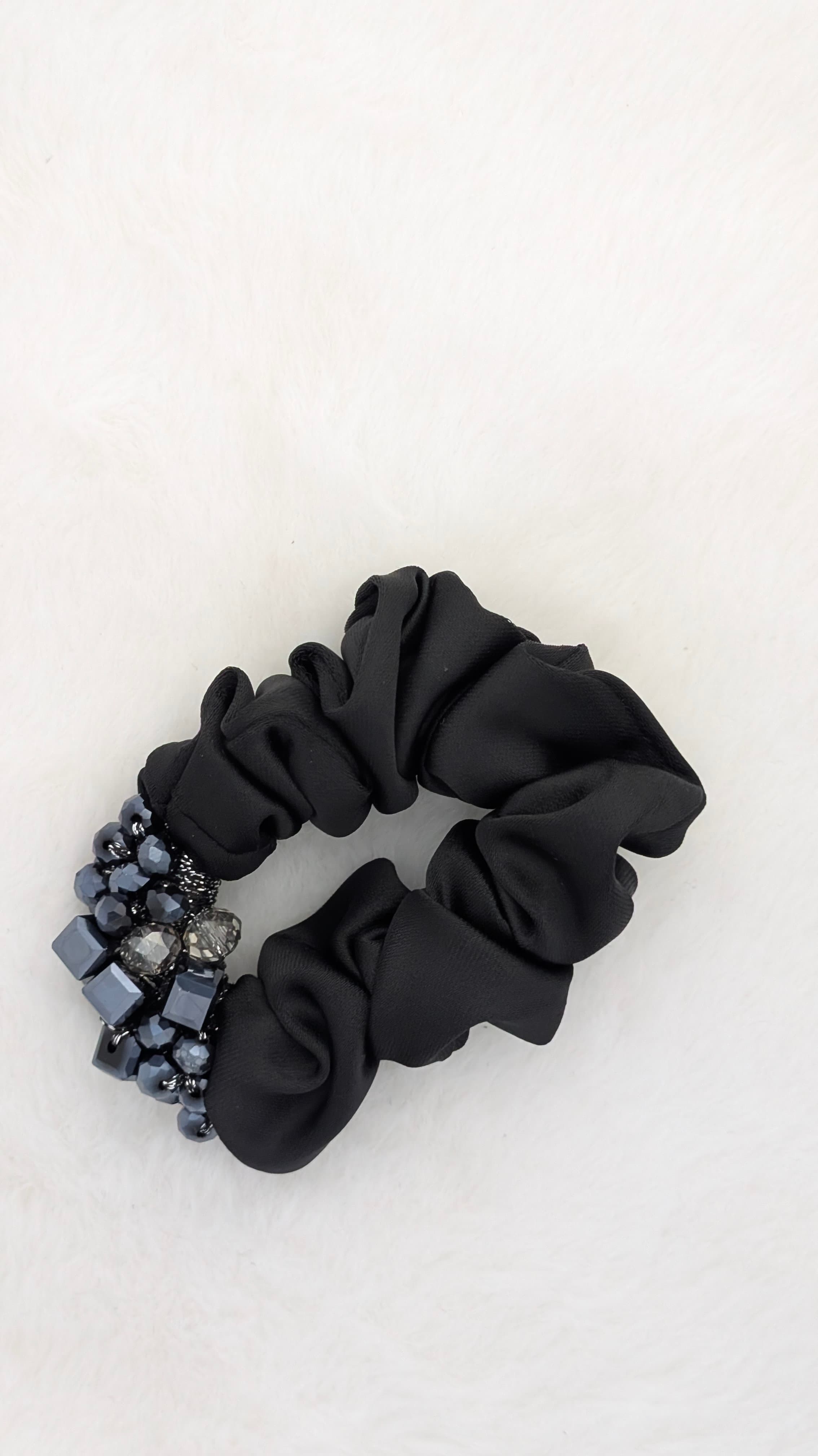 Black Hair Tie with Glass and Bead Work